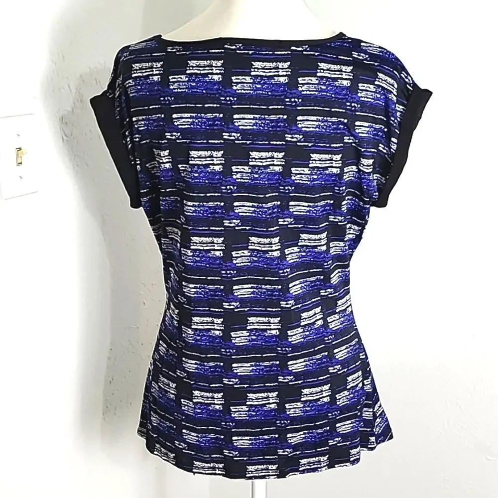 Mandy Evans Navy, Black & White Print Top, Aysemetrical Hem with Belt, Sz Large - Picture 7 of 9